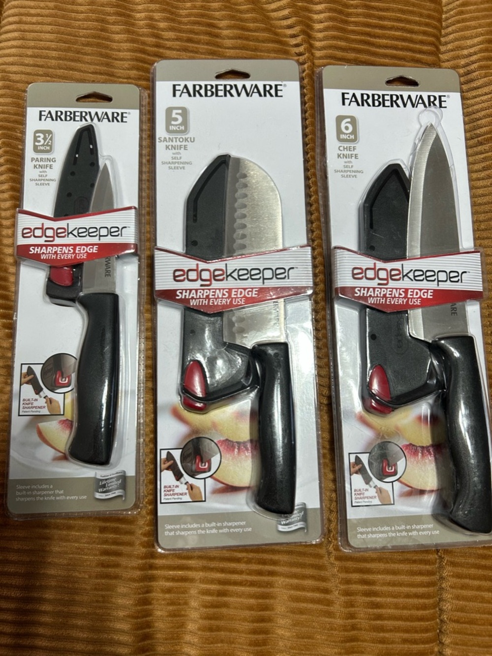 3 piece Set NWT EdgeKeeper Kitchen Knives With Self Sharpening Sleeves